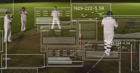 Cricket players celebrating after wicket under floodlights with futuristic data overlays