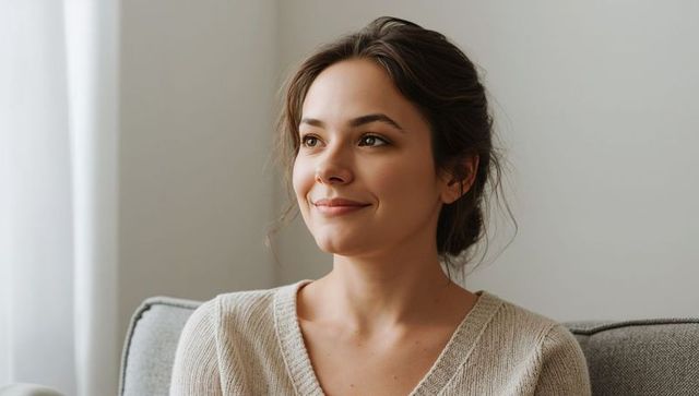 Young woman gazing thoughtfully by window on gray sofa wearing relaxed beige knit sweater