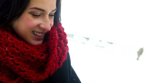 Smiling Woman in Red Scarf Enjoying Winter Weather - Download Free Stock Images Pikwizard.com
