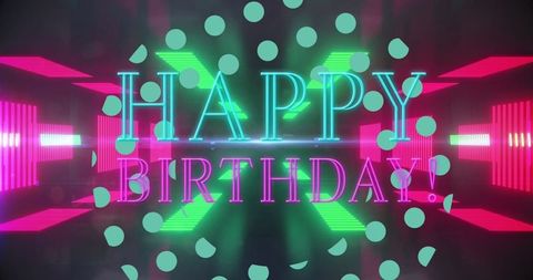 Glowing neon happy birthday text with futuristic stage