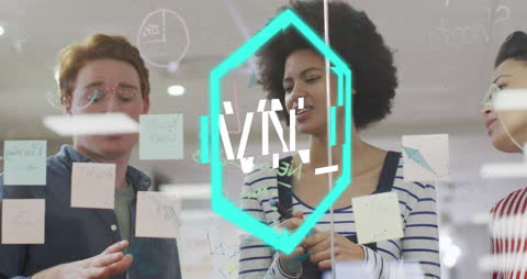 Diverse Team Collaborating in Modern Office with Blockchain Animation