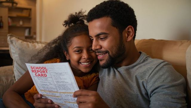Father and daughter reading school report card together celebrating academic success