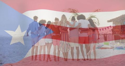 Friends Embracing on Tropical Beach under Puerto Rican Symbol