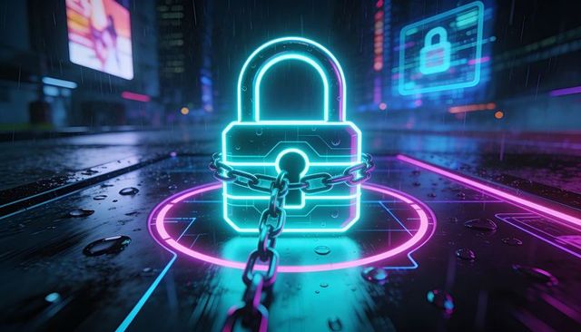 Glowing neon padlock securing digital grid on rainy cyberpunk street