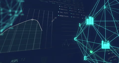 Digital Economy Concept with Stock Data and Spinning Icons
