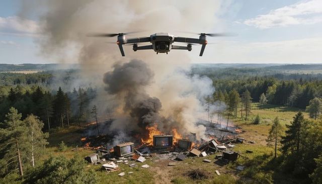 Drone surveying burning e-waste pile in forest clearing producing thick black smoke plume