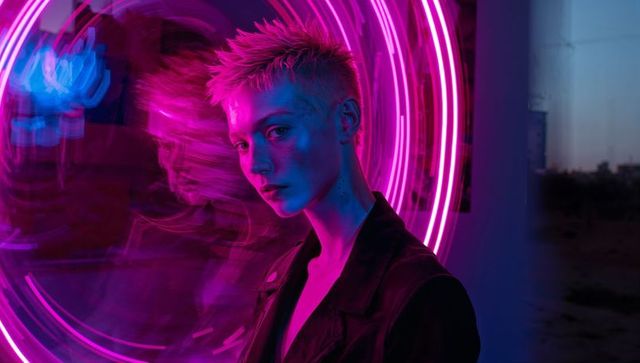 Short-haired model posing with neon halo and motion reflection in moody cinematic portrait