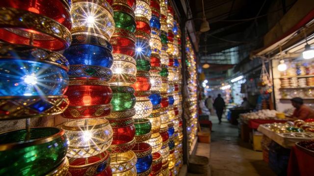 Colorful glass lanterns lighting vibrant covered market alley at night