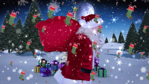 Santa Carrying Sack Across Snowy Winter Wonderland