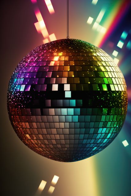This colorful reflective disco ball is sparking with vibrant lights, making it ideal for party and dance-themed marketing materials. Use it for club advertisements, celebration posters, or any branding that aims to evoke fun and energetic atmospheres.