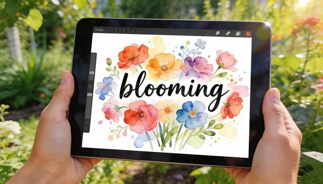Hands holding tablet displaying watercolor lettering blooming in sunlit garden