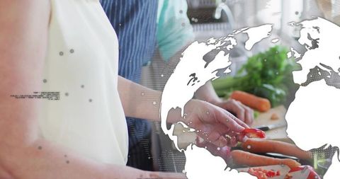 Couple cooking chopping fresh vegetables on sunlit kitchen counter with world map overlay