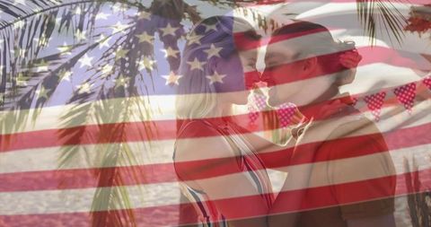 Romantic Couple Embracing at Beach with American Flag Art
