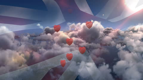 Union Jack Formed by Hearts Over Clouds Concept