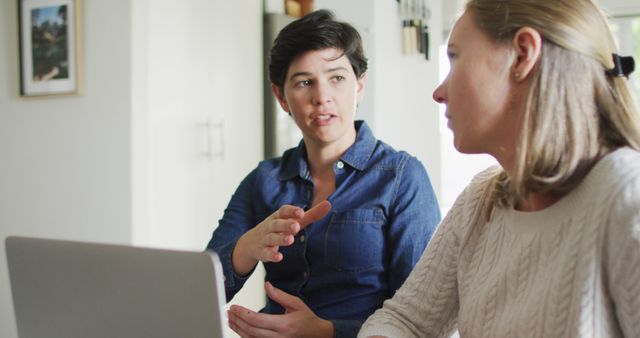 Two women, one in a denim shirt and the other in a sweater, are having an intense discussion while working together on a laptop in a home office setting. This image shows teamwork, collaboration, and professional or casual conversation. It can be used for articles or promotions related to business communication, working from home, teamwork, or professional women.