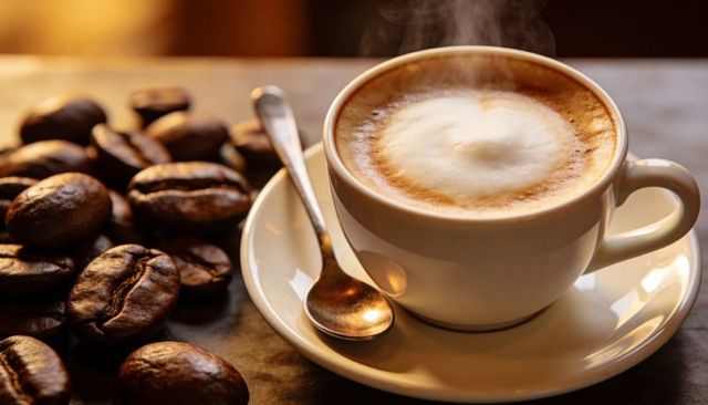 Steaming frothy latte with creamy crema in white cup and saucer, scattered coffee beans
