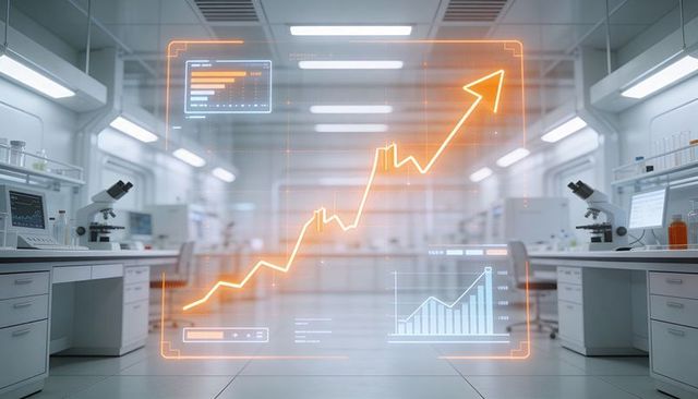 Futuristic lab analytics overlay projecting rising data above microscopes and workbenches