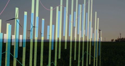 Data visualization overlay on wind farm at sunset