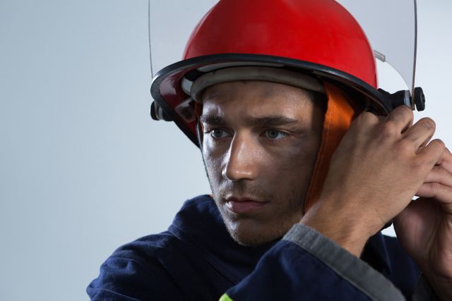Close-up of fireman adjusting his safety helmet against white background