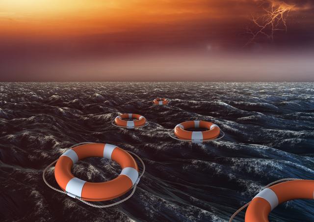 Digital composite image of lifebuoy floating on sea in stormy weather
