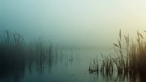 Reeds in Morning Fog Under Glowing Dawn Light