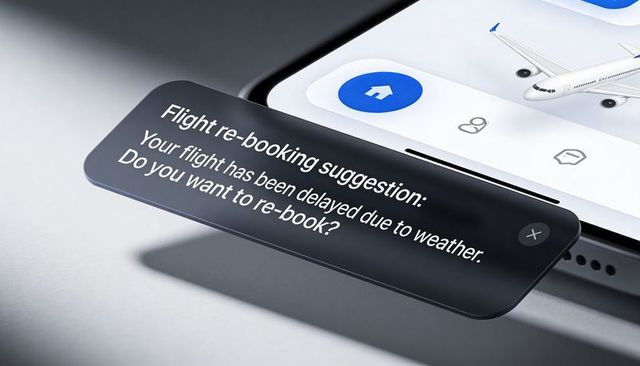 Smartphone Flight App Showing Rebooking Suggestion and 3D Airplane for Travel Disruption