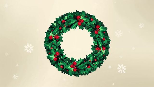 Pixel-style holiday wreath featuring holly and red berries on beige snowflake backdrop