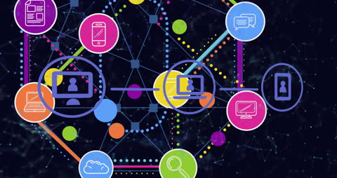 Global Network of Digital Communication Icons on Dark Background