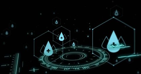 Futuristic data processing interface with health icons