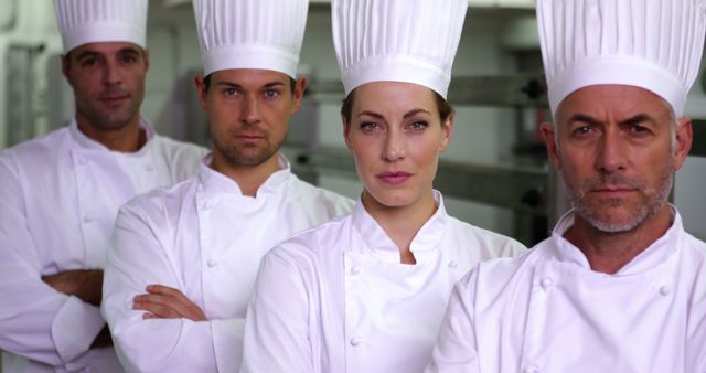 Image depicts a group of professional chefs standing together in a commercial kitchen. They are all wearing traditional white chef uniforms and chef hats, conveying a sense of professionalism and dedication to culinary arts. This image can be used for culinary schools, restaurant websites, articles about fine dining, team building, and promotion of culinary services.