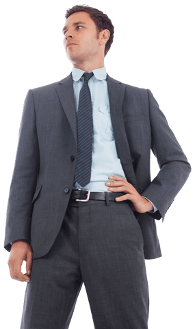 Confident Businessman in Grey Suit with Stern Expression Transparent