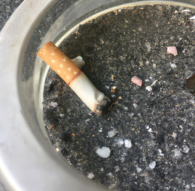 Close up of cigarette in ashtray with copy space. Tobacco addiction and cigarette smoking concept.
