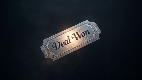 Floating ornate metallic ticket featuring deal won cursive script, luxury voucher concept