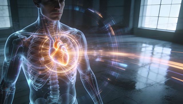 Holographic heart highlighting circulatory system inside transparent torso in clinical lab