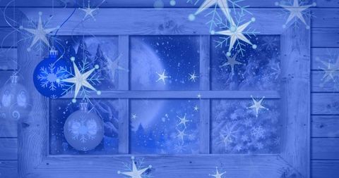Frozen cabin window with snowflake decorations in moonlit night