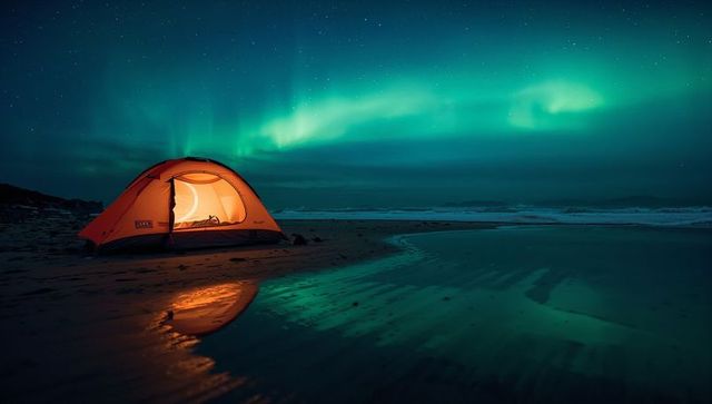 Glowing orange tent reflecting on wet beach under northern lights, dramatic nightscape