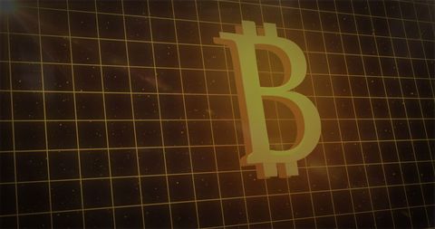 Futuristic bitcoin logo with digital grid background