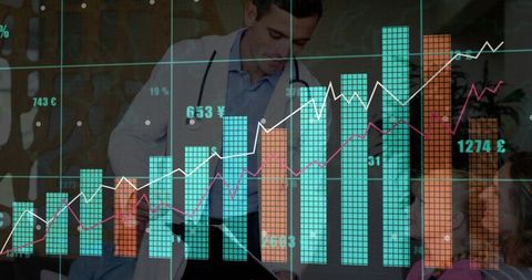 Doctor Consulting Patients with Overlay of Financial Growth Charts