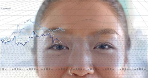 Young woman gazing from car overlaid with financial charts and data grid, fintech concept