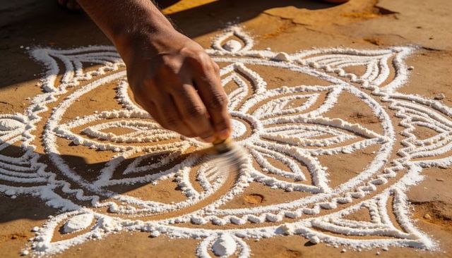 Artisan hand creating intricate floral rangoli with powder sifter on sunlit courtyard floor