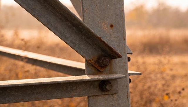Rusted galvanized steel braces joining weathered fence post with hex bolts in amber field