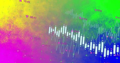 Neon Gradient Financial Candlestick Chart with Green Trendline and Magenta Markers