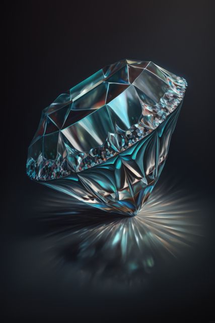 Close up of cut diamond with blue tint on black background, created using generative ai technology. Precious stones, luxury and wealth concept digitally generated image.