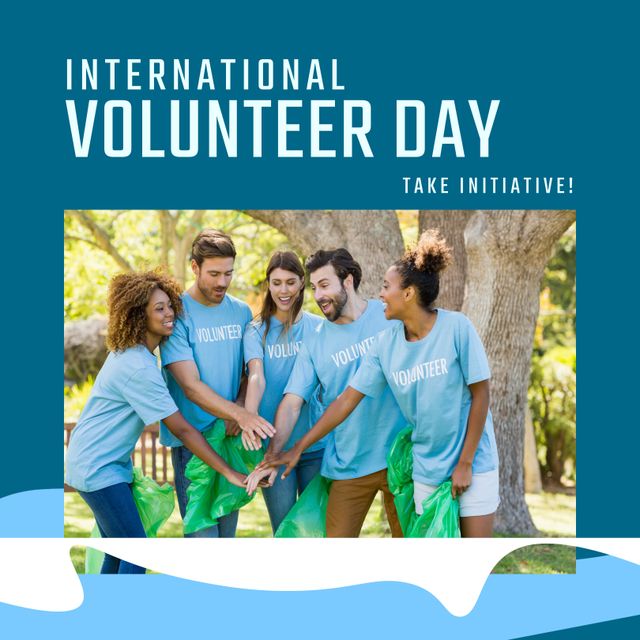 Diverse group of volunteers stacking hands outdoors, symbolizing unity and teamwork. Ideal for use in campaigns promoting community service, environmental initiatives, social causes, and the spirit of volunteering.