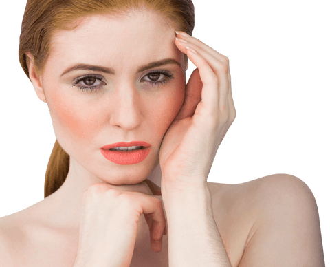 Elegant Redhead With Hands Framing Face Transparent Background
