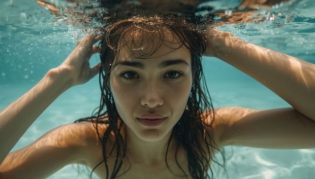 Underwater portrait showing woman adjusting hair in turquoise pool with sun caustics