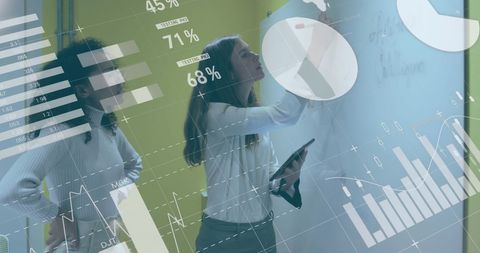 Two Businesswomen Projecting Data on Whiteboard in Office Environment