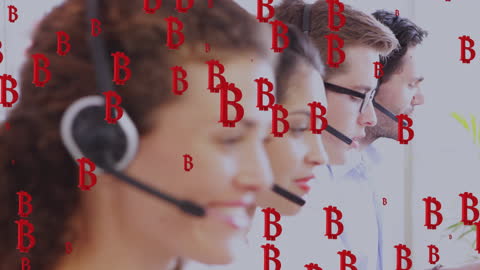 Customer Service Lineup with Bitcoin Symbol Overlay