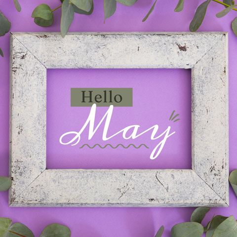 hello may text on colorful background with green leaves - Download Free Stock Templates Pikwizard.com