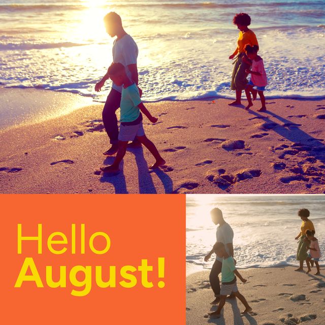 Happy Family Strolling on Sunny August Beach - Download Free Stock Templates Pikwizard.com